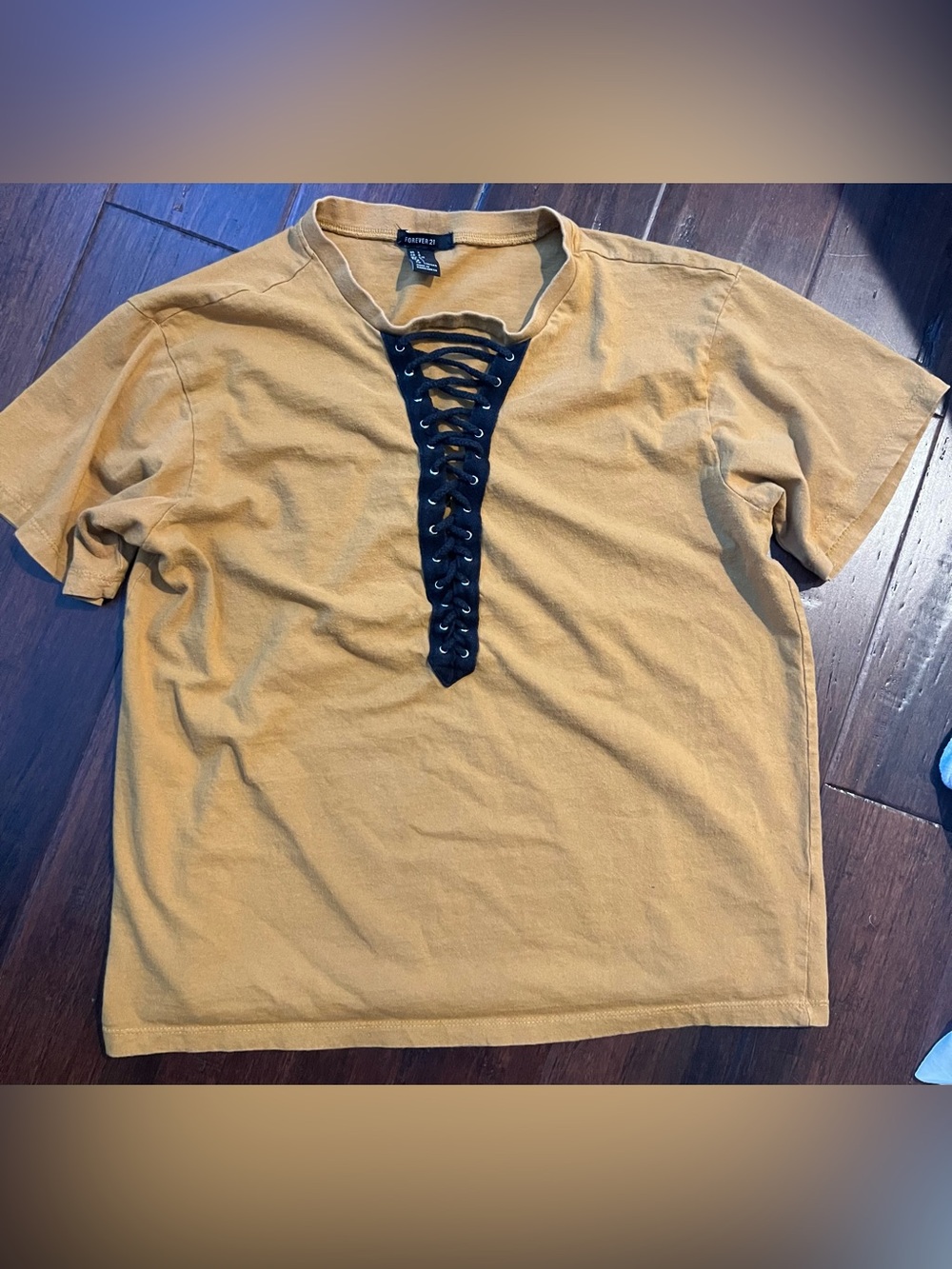 Forever 21 Mustard Long Sleeve Top with Black Lace-Up Placket